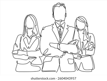 continuous line drawing of standing team of professionals vector illustration business concept.	

