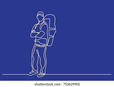 continuous line drawing of standing traveler with backpack