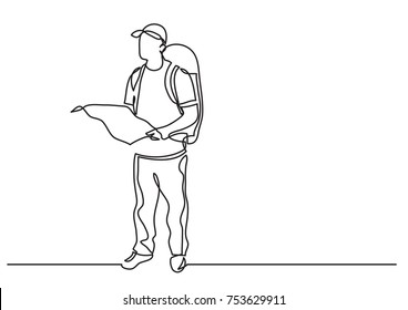 continuous line drawing of standing traveler with backpack holding map