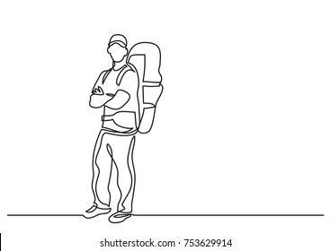 continuous line drawing of standing traveler with backpack