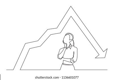 continuous line drawing of standing woman thinking about decreasing graph