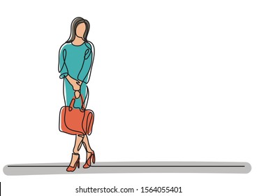 continuous line drawing of standing woman with handbag