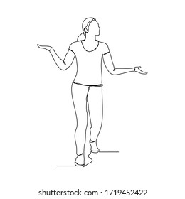 Continuous line drawing of standing woman open palm hand gesture to make comparison. Vector illustration