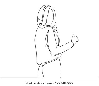 Continuous line drawing of standing woman. Continuous line drawing of standing confident woman.  One line drawing of a beautiful woman. Vector illustration.