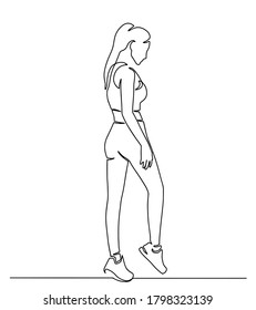 Continuous line drawing of standing woman. Continuous line drawing of standing confident woman.  One line drawing of a sport woman. Vector illustration. Woman in sporty clothes.