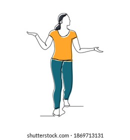 Continuous line drawing of standing woman open palm hand gesture to make comparison. Vector illustration