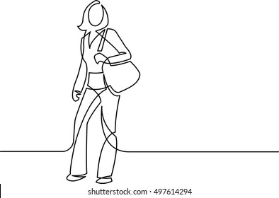 continuous line drawing of standing woman with bag