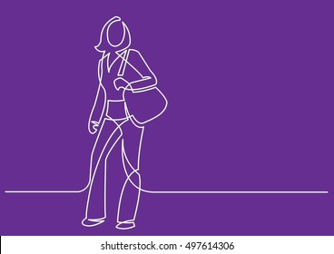 continuous line drawing of standing woman with bag