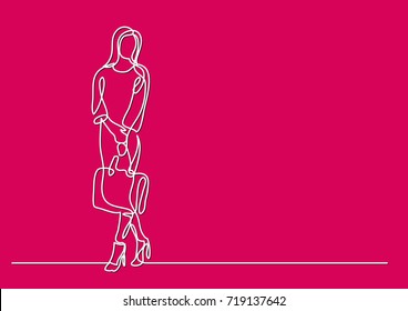 continuous line drawing of standing woman with handbag