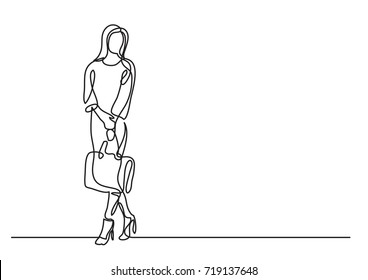 continuous line drawing of standing woman with handbag