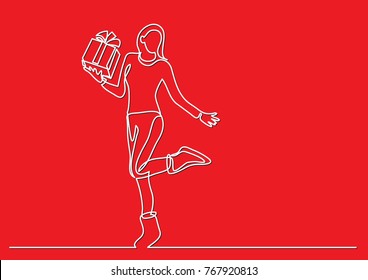 continuous line drawing of standing woman with Christmas gift