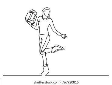 Continuous Line Drawing Of Standing Woman With Christmas Gift