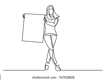 continuous line drawing of standing woman holding blank placard