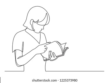 dibujo en línea continua de una joven en pie libro de lectura