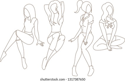 continuous line drawing of standing young women