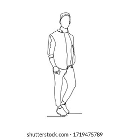 Continuous line drawing of standing young man gesture. Vector illustration