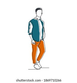 Continuous line drawing of standing young man gesture. Vector illustration