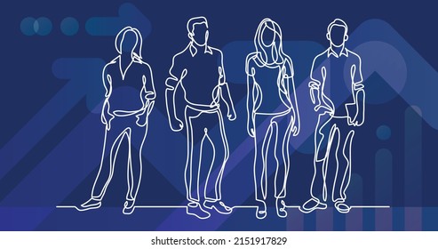 continuous line drawing of standing young team members