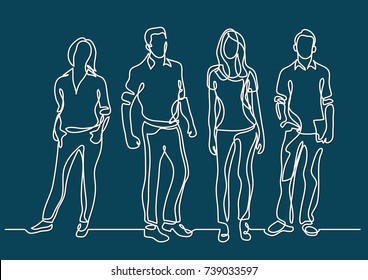 continuous line drawing of standing young team members