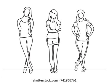 continuous line drawing of standing young women