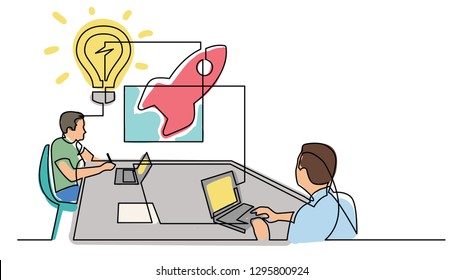 continuous line drawing of startup brainstorming session