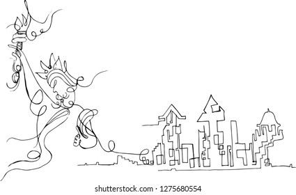 Continuous line drawing Statue of liberty and free city.Vector illustrations.