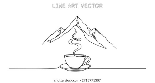 Continuous line drawing of a steaming coffee cup with majestic mountains in the background. Minimalist single line art style capturing natures tranquility and a warm beverage moment. Vector illustration