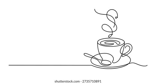 Continuous line drawing of a steaming cup of coffee with a spoon on a saucer. Vector, illustration