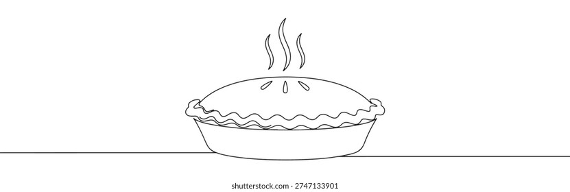Continuous line drawing of a steaming hot pie, representing baking, comfort food, and homemade desserts, isolated on a white background.