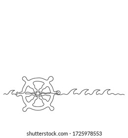 Continuous line drawing. Steering wheel and waves. Black isolated on white background. Hand drawn vector illustration.