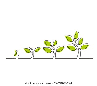 Continuous line drawing of step of tree growth. Tree branch line vector.