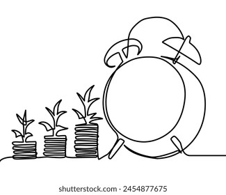 Línea continua dibujando pasos de pila de monedas, reloj de dinero, ahorros e inversión o planificación familiar. Concepto de devolución de ahorros y dinero de inversión. Ilustración vectorial