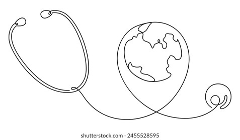 continuous line drawing of stethoscope and earth care environment concept thin line vector illustration