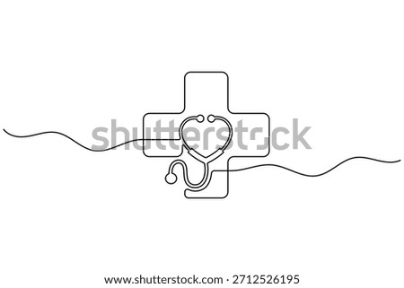 Continuous line drawing: stethoscope forms heart inside medical cross for healthcare and wellness.