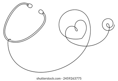 continuous line drawing of stethoscope and heart shape positive emotion minimalism concept illustration