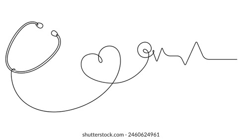 continuous line drawing of stethoscope with heart shape and pulse vector illustration
