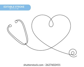 Continuous line drawing of stethoscope and heart shape Icon Design Editable Stroke
