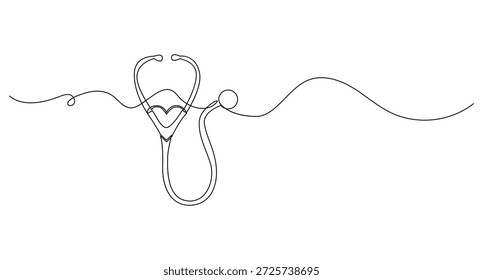 Desenho de linha contínua de um estetoscópio com uma forma de coração sobre fundo branco