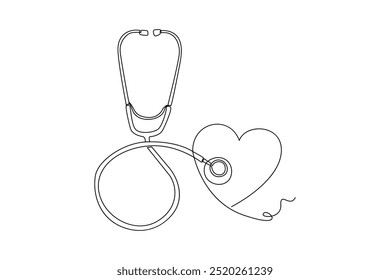 Continuous line drawing stethoscope and hearth illustration. Minimalist continuous line drawing representing cardiology and heart health
