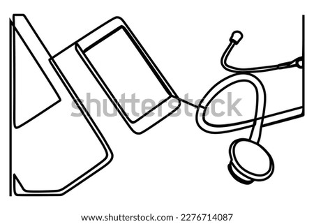 continuous line drawing of stethoscope, laptop and smart phone