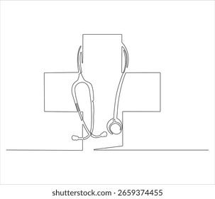 Continuous line drawing of Stethoscope on Medical Sign. Single line illustration of Stethoscope on Medic Sign. Medical concept. Editable outline