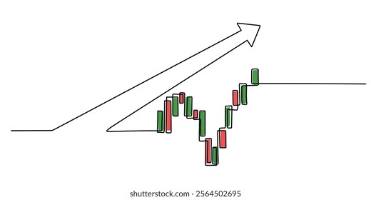 Continuous line drawing of a stock market arrow with candlesticks, symbolizing financial growth and trading. Minimalist vector illustration hand drawn.