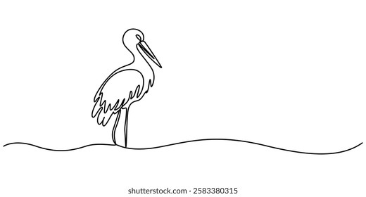 Continuous line drawing of stork. Template for your design works. Vector illustration, heron, egret flapping its wings, side view. birds with continuous one line drawing. editable stroke. minimal pro.