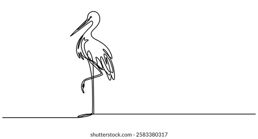 Continuous line drawing of stork. Template for your design works. Vector illustration, heron, egret flapping its wings, side view. birds with continuous one line drawing. editable stroke. minimal pro.