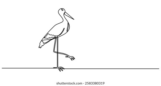 Continuous line drawing of stork. Template for your design works. Vector illustration, heron, egret flapping its wings, side view. birds with continuous one line drawing. editable stroke. minimal pro.