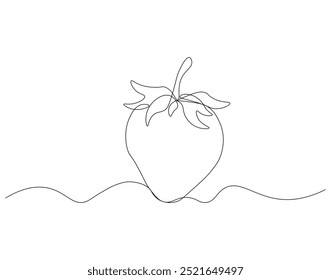 Continuous line drawing of strawberry fruit. Single line illustration of national strawberry day. Fresh, dessert, vitamin concept. Editable outline 