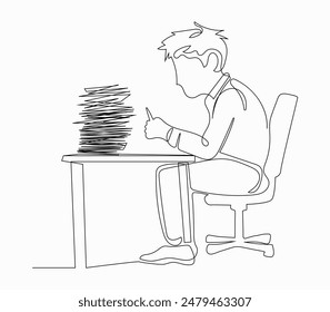 Continuous line drawing stressed businessman throwing tantrum in office holding his hands to his head shouting while seated at desk surrounded by files.