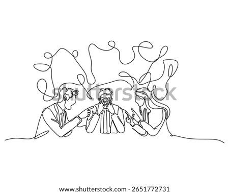 Continuous line drawing of a stressed man sitting between two arguing colleagues. Concept of workplace pressure, emotional burnout, conflict mediation, and overwhelming team dynamics