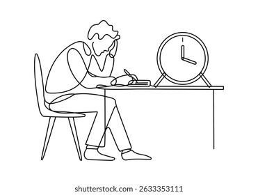 Continuous Line Drawing of Stressed Student doing home work at Desk with Clock