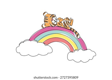 Desenho de linha contínua de filhote de tigre listrado descansando confortavelmente em suas costas em posição supina sobre arco-íris vibrante. O conceito de natureza é ideal para temas vibrantes da selva e design de papelaria infantil